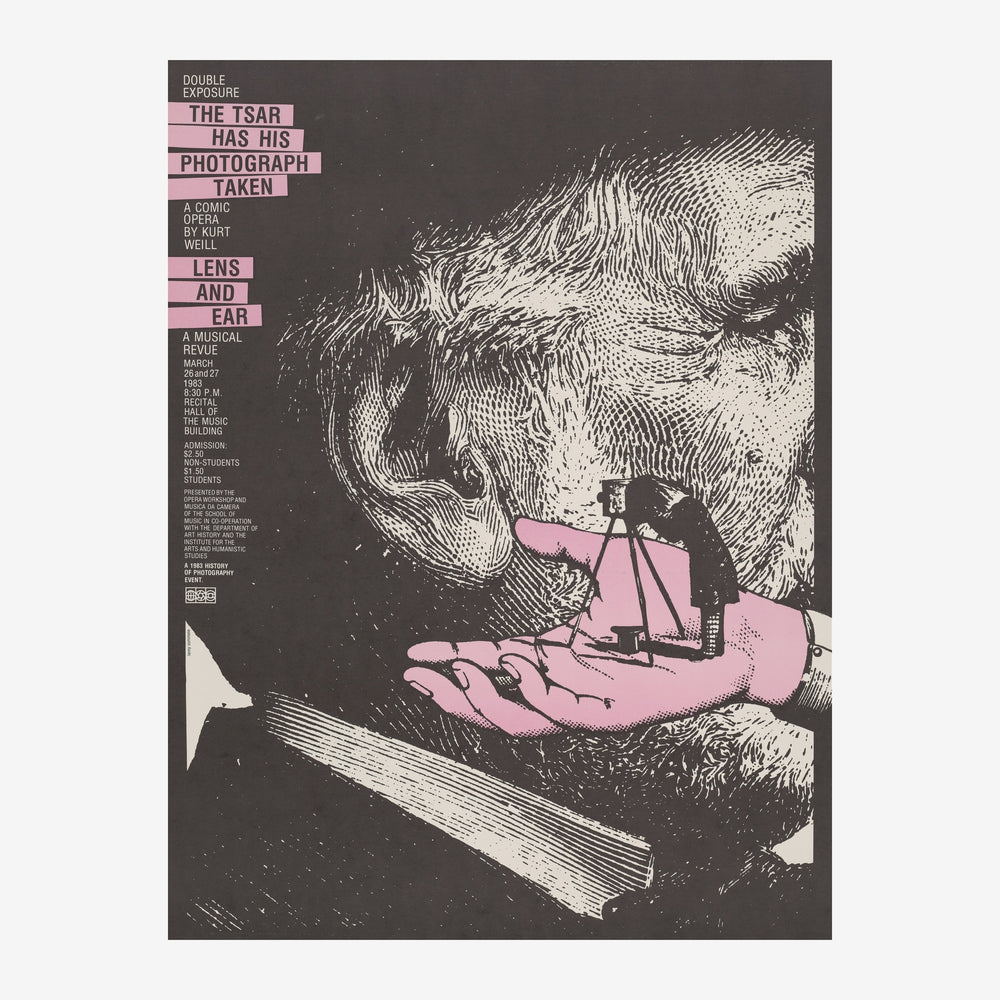Affiche vintage en noir et rose représentant un portrait gravé d'une grande figure avec des textes annonçant des spectacles.