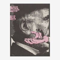 Affiche vintage en noir et rose représentant un portrait gravé d'une grande figure avec des textes annonçant des spectacles.