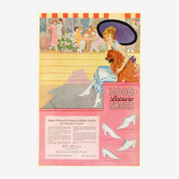 Affiche publicitaire vintage des années 1920 montrant une femme élégante avec un grand chapeau violet et un chien roux.