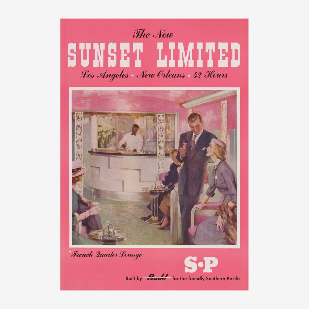 Affiche vintage rose vif annonçant le train Sunset Limited, montrant des passagers en costume dans un lounge élégant des.