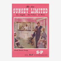 Affiche vintage rose vif annonçant le train Sunset Limited, montrant des passagers en costume dans un lounge élégant des.