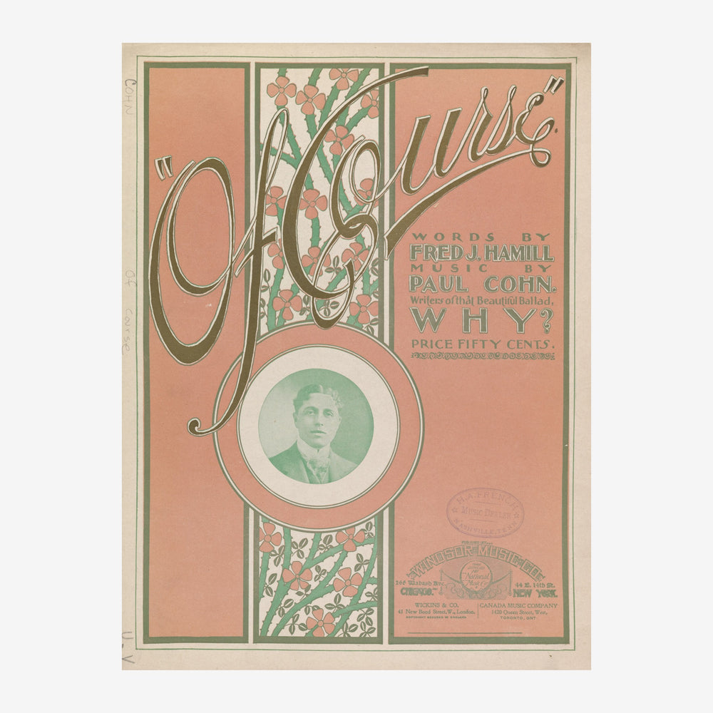 Affiche vintage art nouveau en teintes pêche et vert, avec lettres ornementales, motifs floraux et un portrait circulaire au.