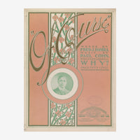 Affiche vintage art nouveau en teintes pêche et vert, avec lettres ornementales, motifs floraux et un portrait circulaire au.