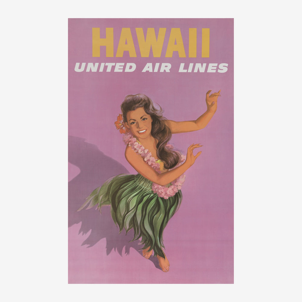 Affiche vintage orange et rose avec une danseuse en jupe de paille rose et text "HAWAII UNITED AIR LINES" en lettres jaunes.