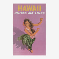 Affiche vintage orange et rose avec une danseuse en jupe de paille rose et text "HAWAII UNITED AIR LINES" en lettres jaunes.