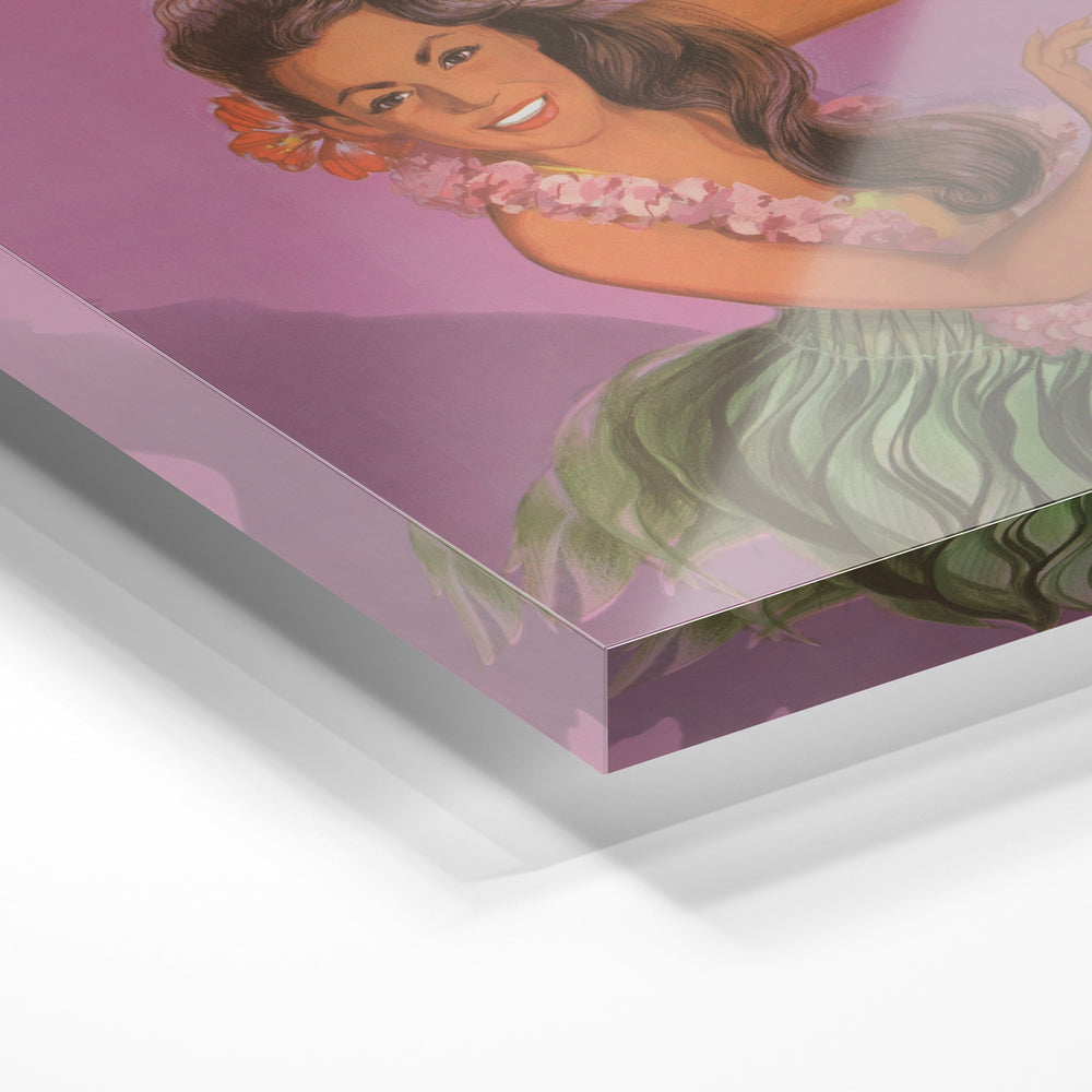 Gros plan de la matière : le tirage sous verre acrylique, tranche transparente visible.