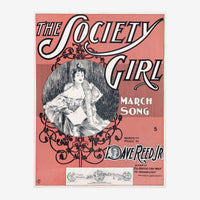 Affiche vintage années 1900 « The Society Girl » avec portrait d'une femme en robe blanche encadré de motifs floraux sur.