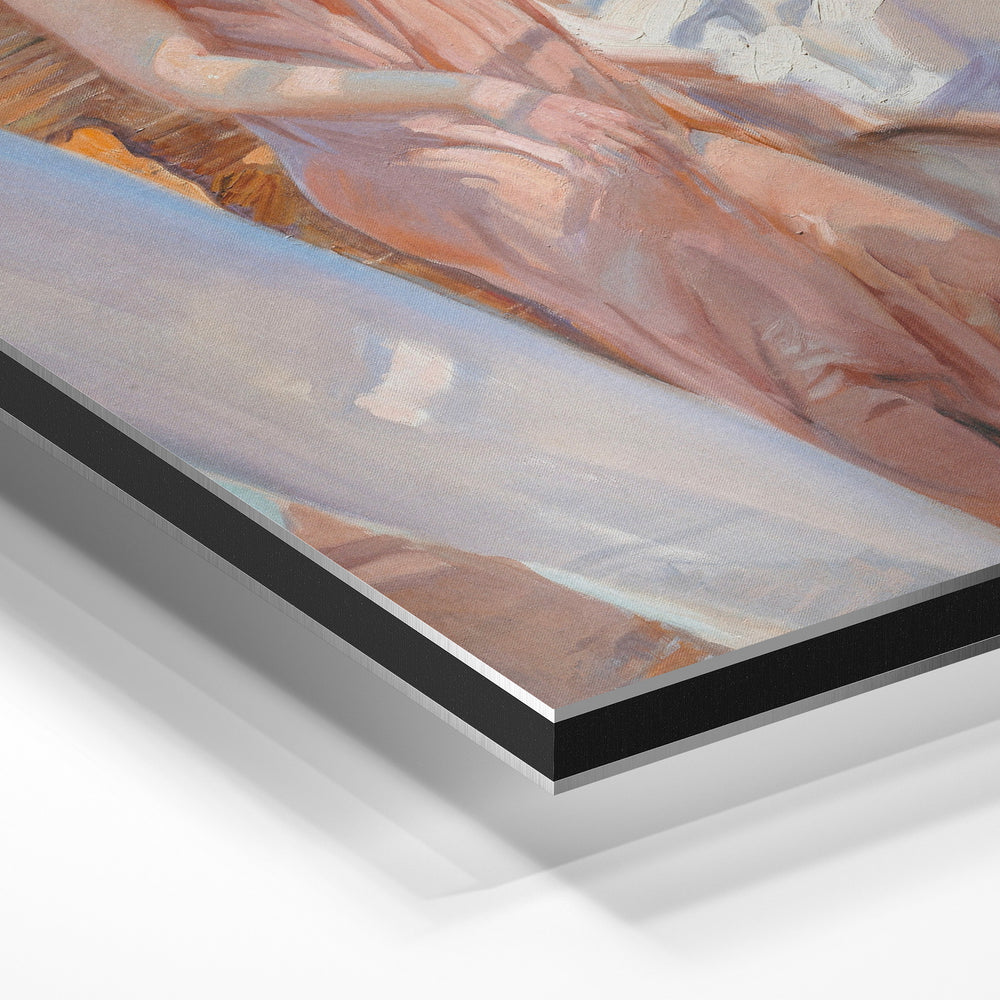 Gros plan de la matière : le tirage contrecollé sur aluminium Dibond mat, tranche visible.