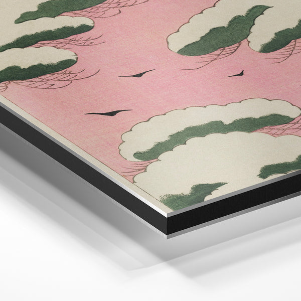 Oiseaux en vol parmi les nuages rose et vert — Aluminium Dibond