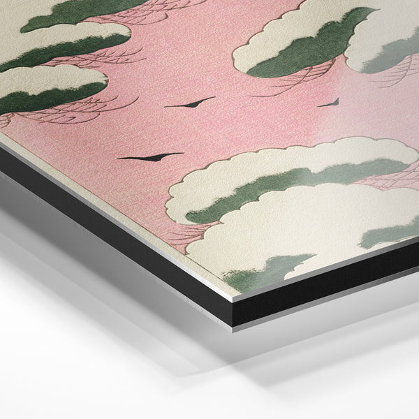 Oiseaux en vol parmi les nuages rose et vert — Aluminium Dibond relief 3D