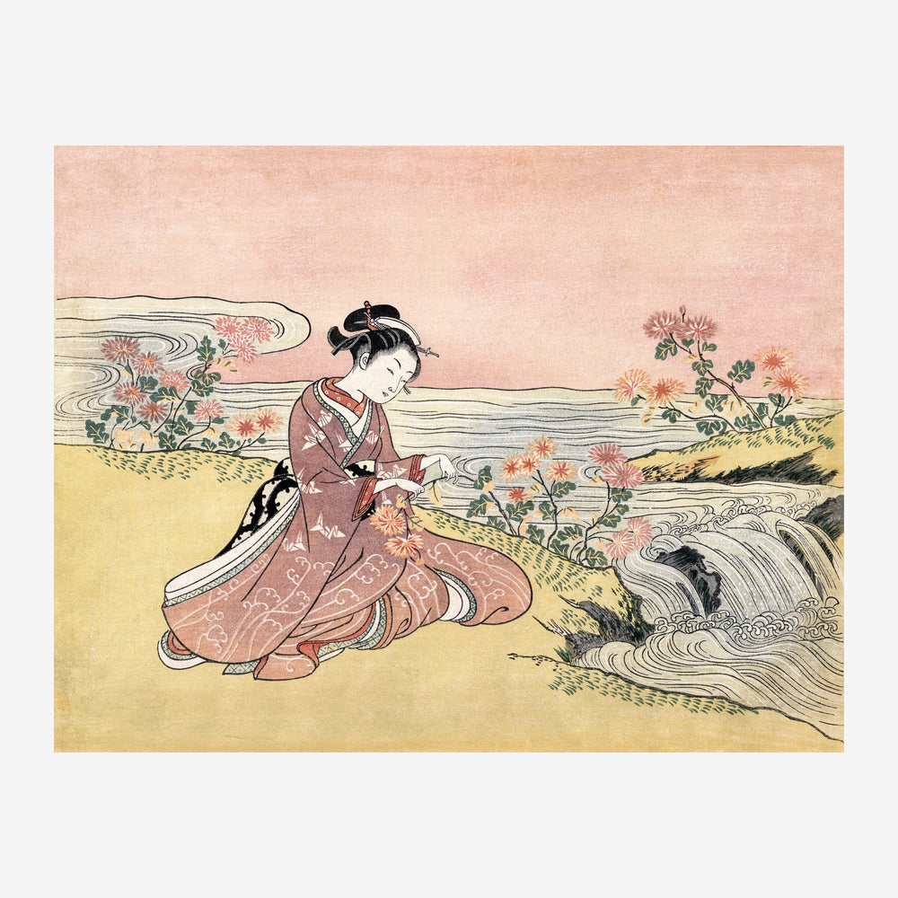 Une femme agenouillée en kimono rose motifs face à une cascade, entourée de fleurs, sur fond beige et jaune pâle.