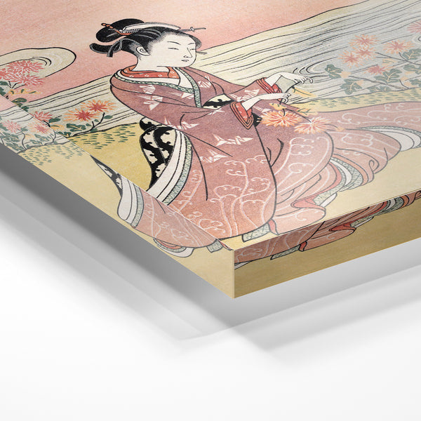 Femme en kimono rose et fleurs champêtres — Verre acrylique