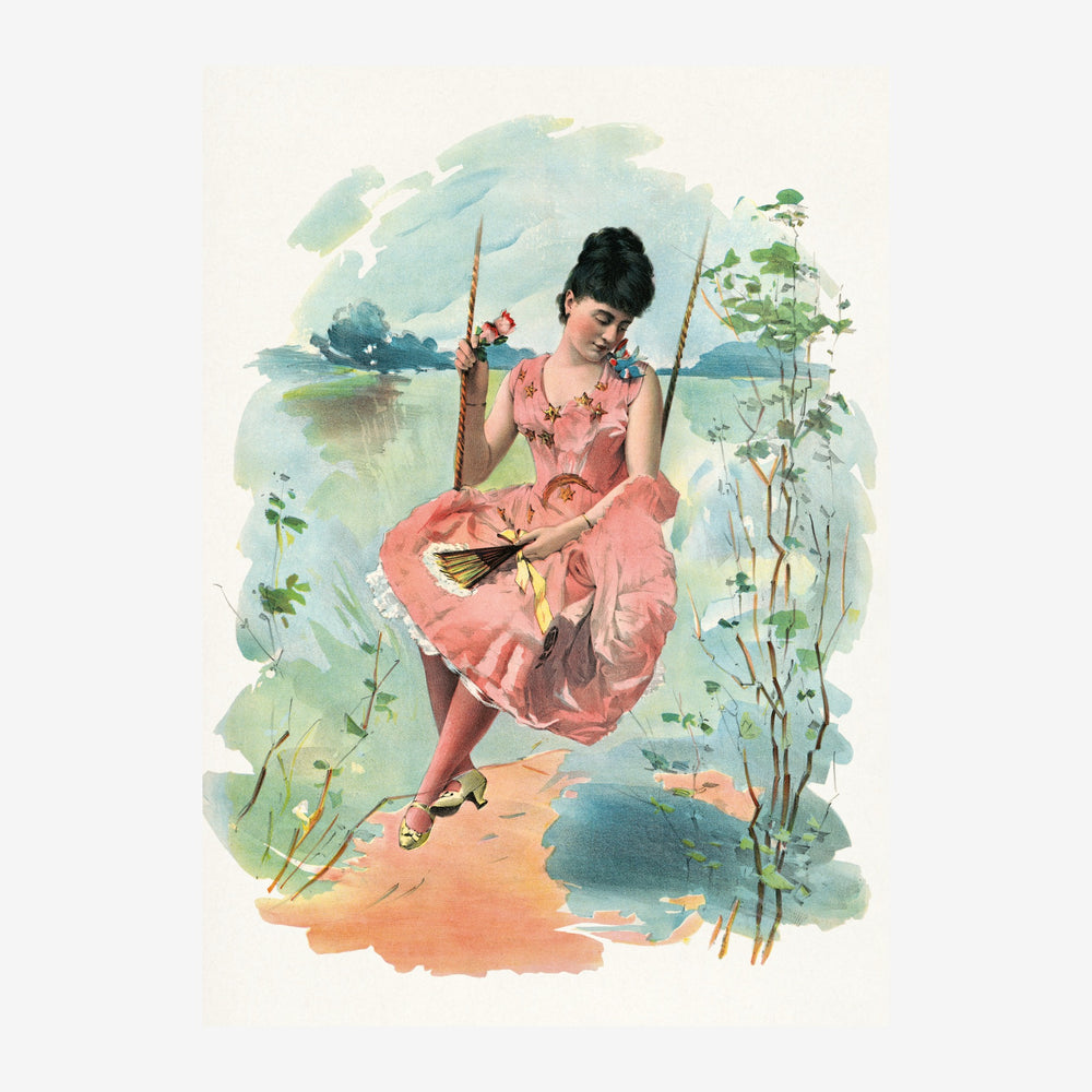 Affiche vintage représentant une jeune femme en robe rose assise au bord d'un lac, tenant une canne à pêche, avec un.