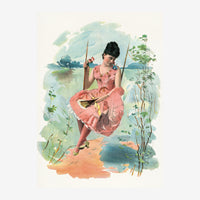 Affiche vintage représentant une jeune femme en robe rose assise au bord d'un lac, tenant une canne à pêche, avec un.