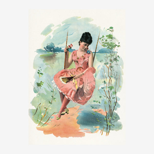 Affiche vintage représentant une jeune femme en robe rose assise au bord d'un lac, tenant une canne à pêche, avec un.