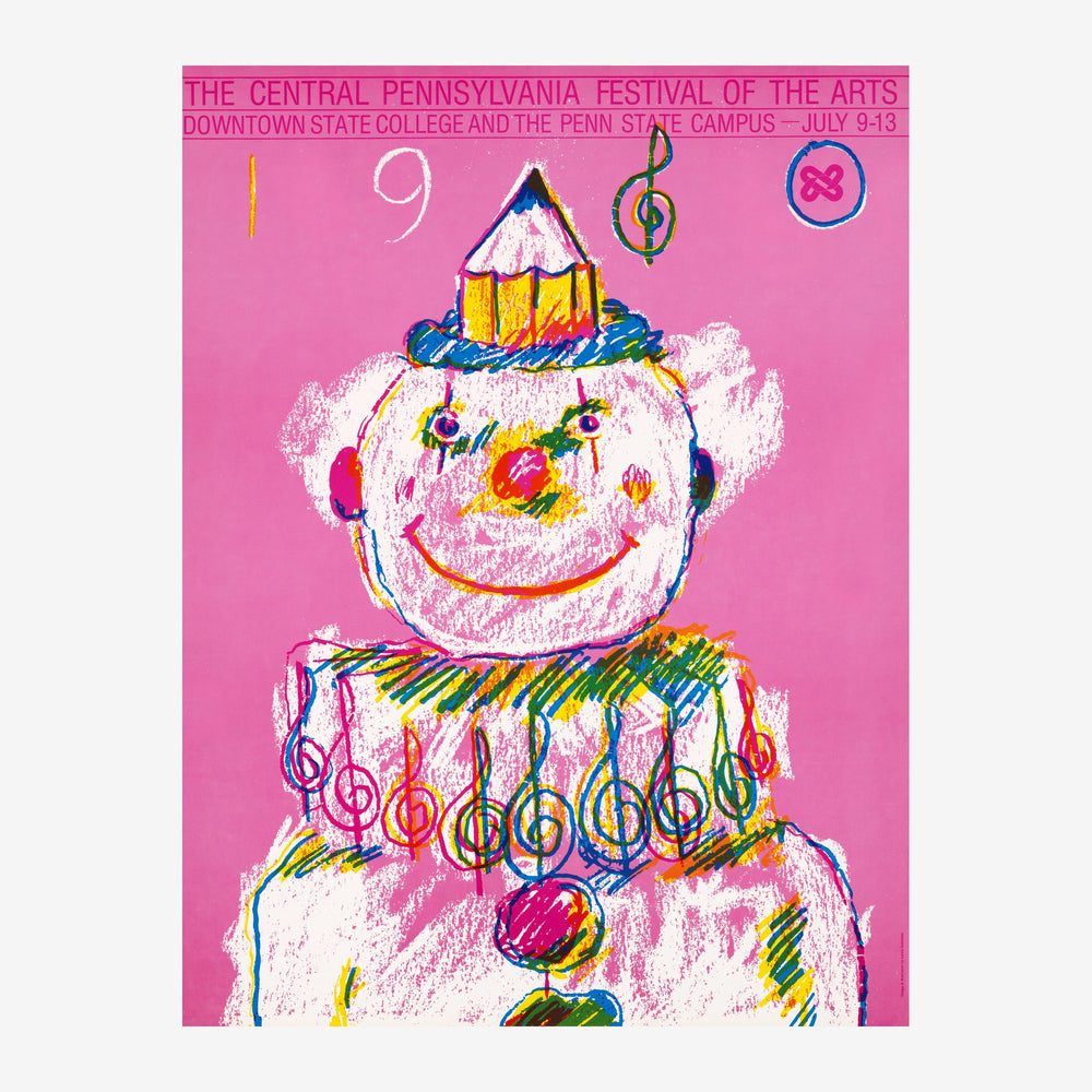 Affiche d'un clown souriant dessiné en style pop art sur fond rose vif, orné de notes de musique colorées et de symboles.