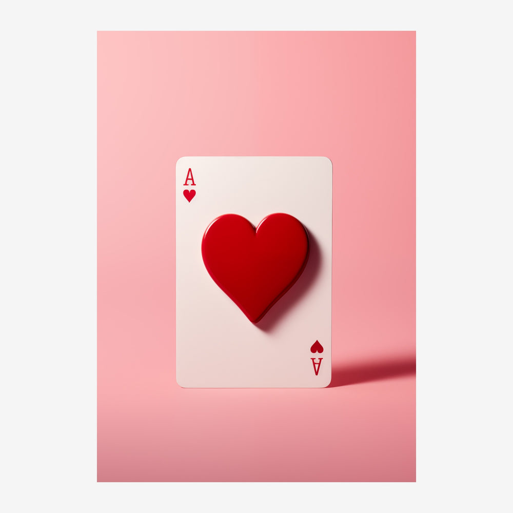 Affiche pop art montrant une carte à jouer as de cœur avec un cœur rouge en relief sur fond rose poudré et pastel.