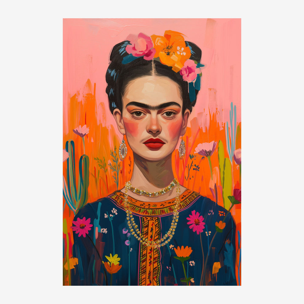 Portrait d'une jeune femme aux cheveux noirs coiffés avec des fleurs roses et oranges, portant une robe bleu marine décorée.