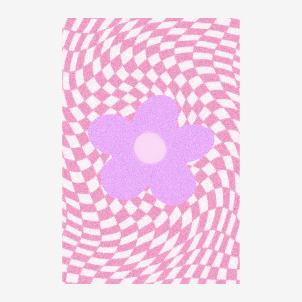 Affiche pop art avec une fleur violet clair au centre sur un fond de damier blanc et rose ondulé.
