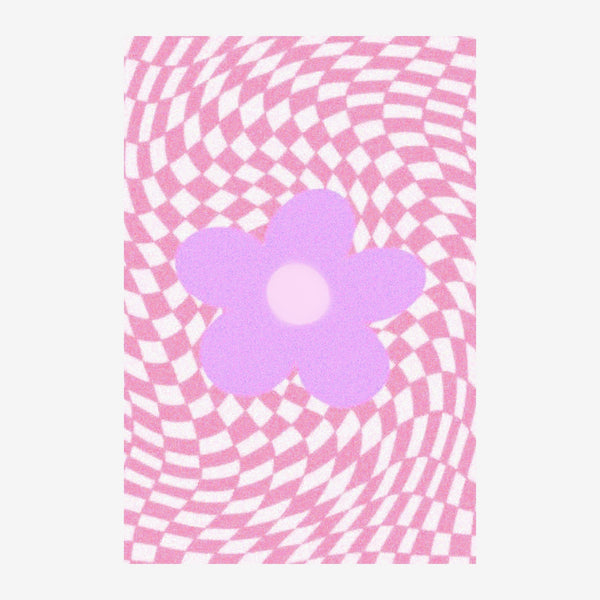 Affiche pop art avec une fleur violet clair au centre sur un fond de damier blanc et rose ondulé.