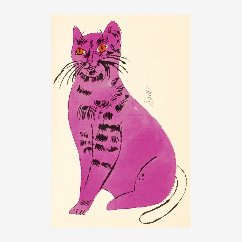 Chat assis au pelage magenta avec des yeux jaunes, dessiné au trait noir sur fond beige clair dans un style pop art rétro.
