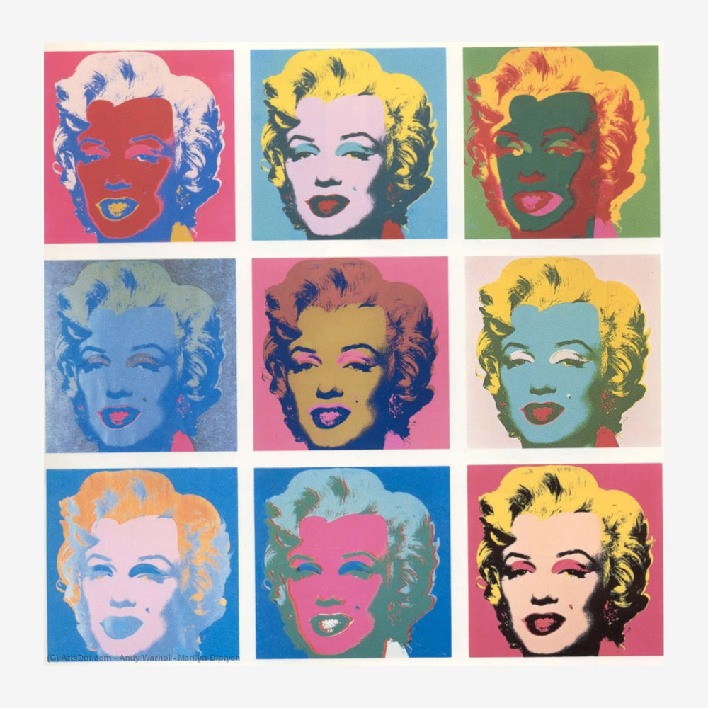 Grille de neuf portraits stylisés en pop art aux couleurs vives sur des fonds rose, bleu, jaune et vert.