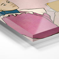 Gros plan de la matière : le tirage sous verre acrylique, tranche transparente visible.