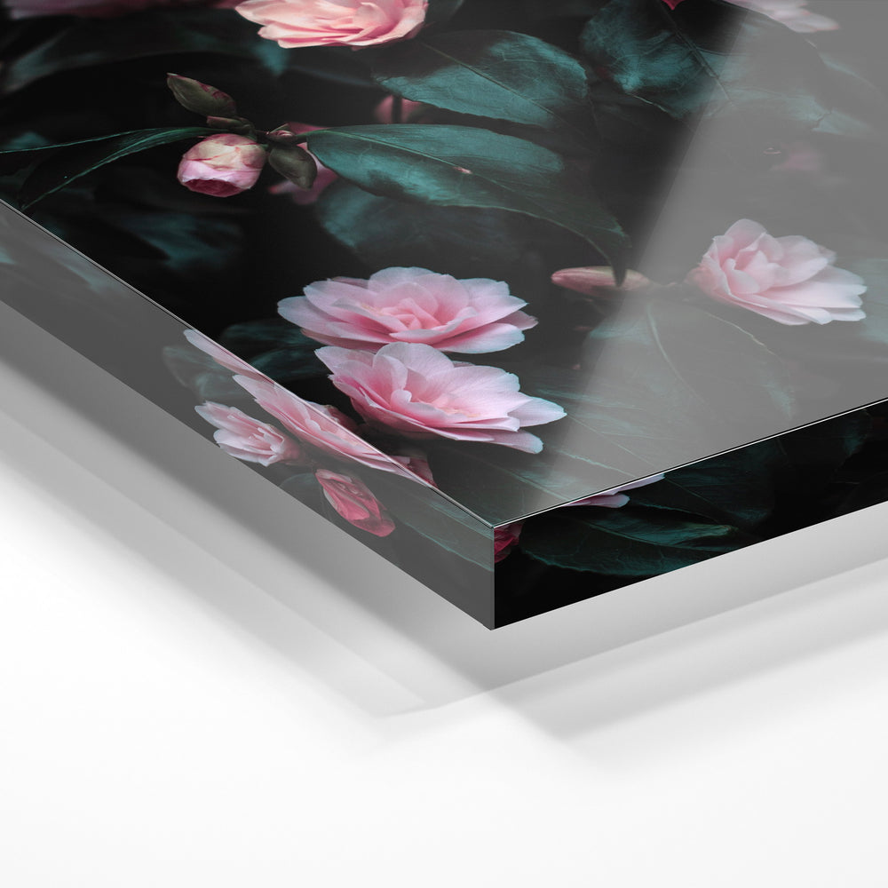 Gros plan de la matière : le tirage sous verre acrylique, tranche transparente visible.