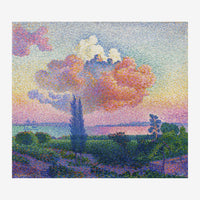 Paysage rural pointilliste montrant un cyprès bleu sombre au centre entouré de champs verts et de fleurs, sous un ciel de.