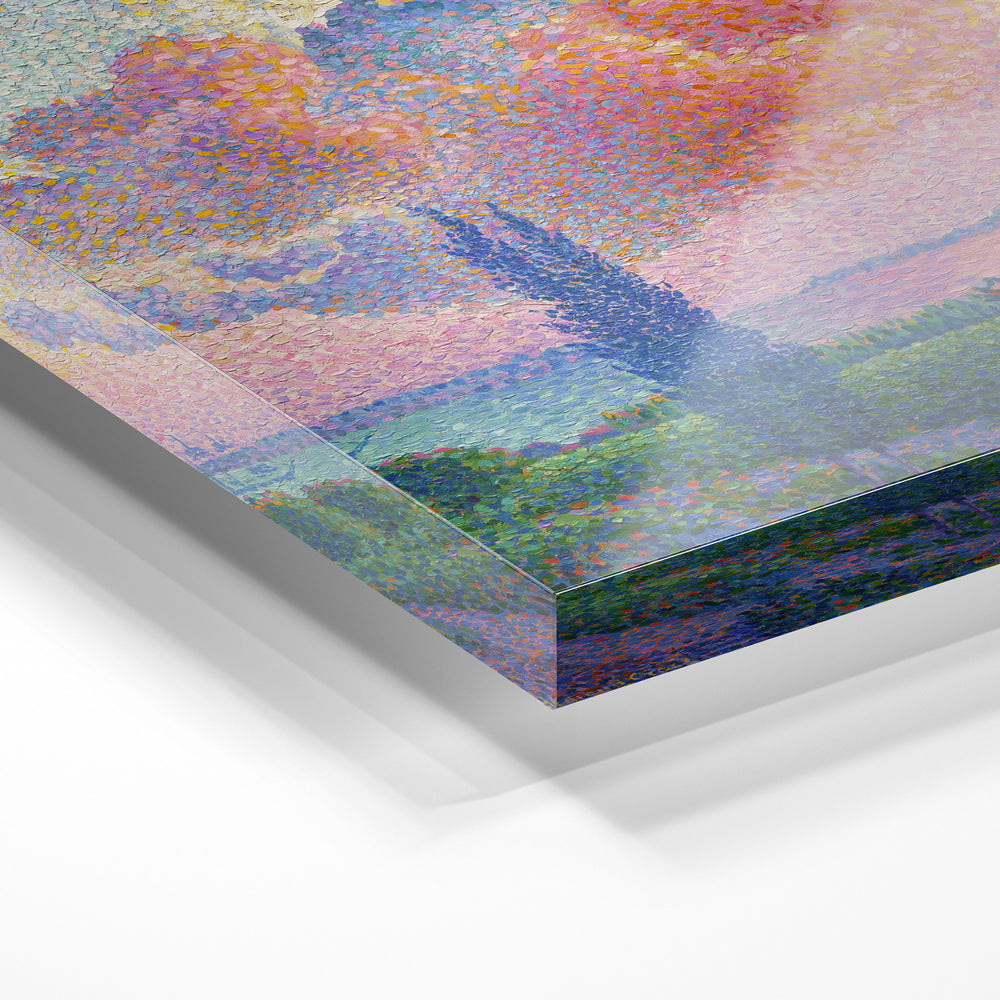Gros plan de la matière : le tirage sous verre acrylique, tranche transparente visible.
