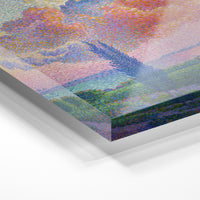 Gros plan de la matière : le tirage sous verre acrylique, tranche transparente visible.