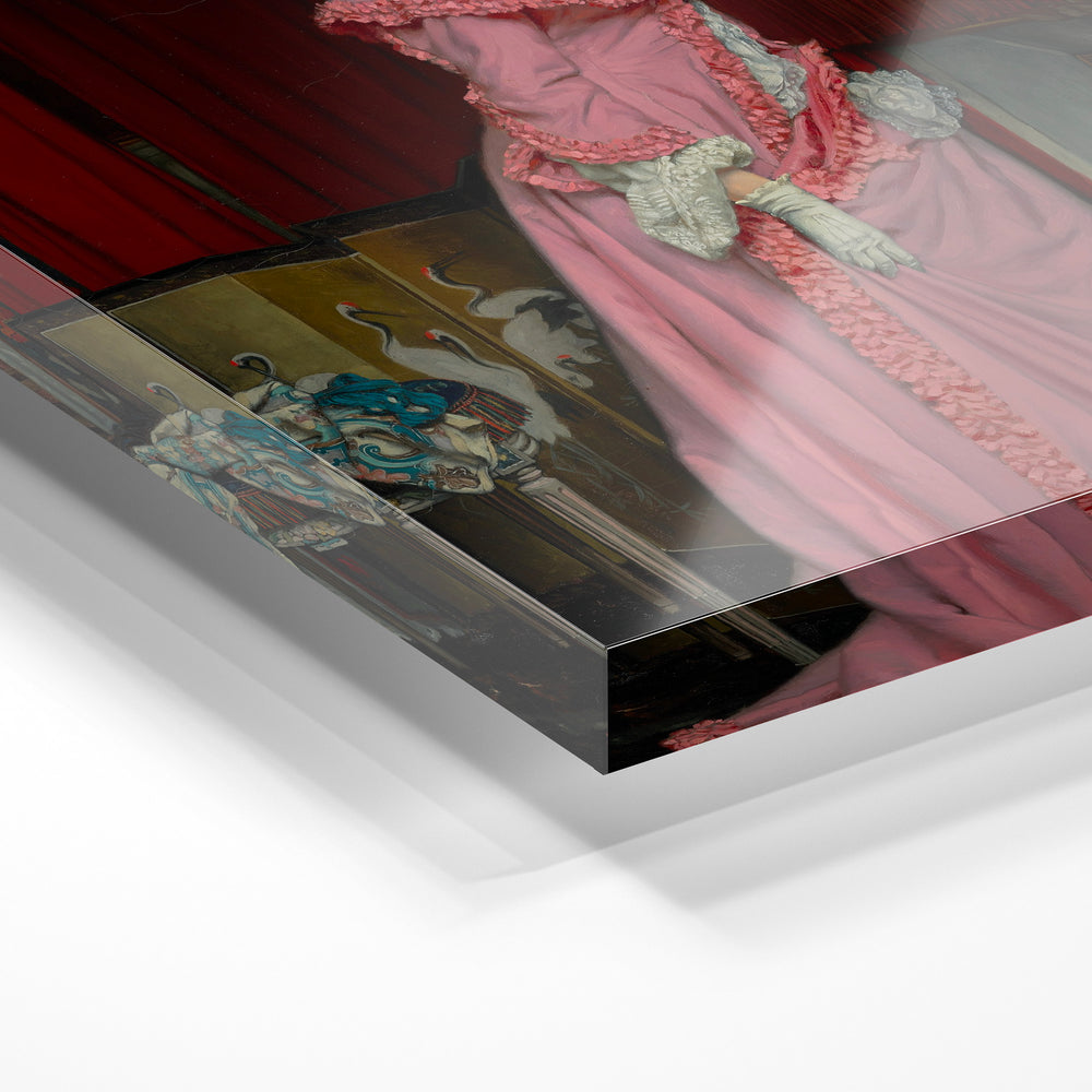 Gros plan de la matière : le tirage sous verre acrylique, tranche transparente visible.