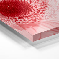 Gros plan de la matière : le tirage sous verre acrylique, tranche transparente visible.
