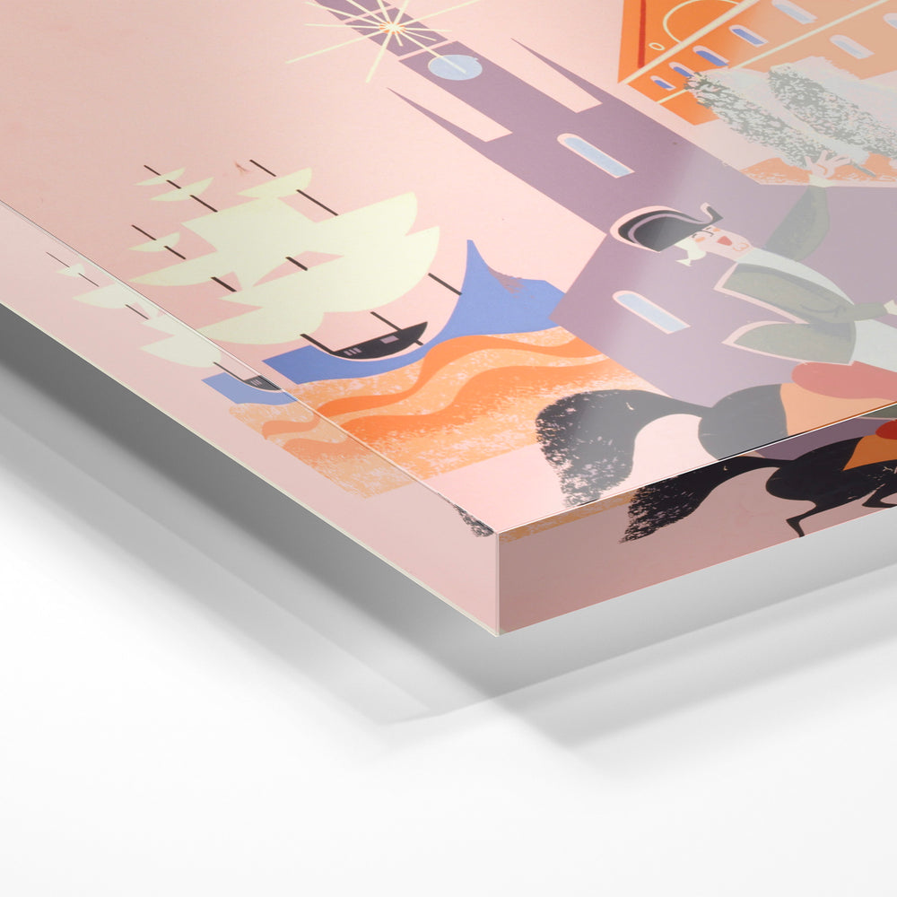 Gros plan de la matière : le tirage sous verre acrylique, tranche transparente visible.