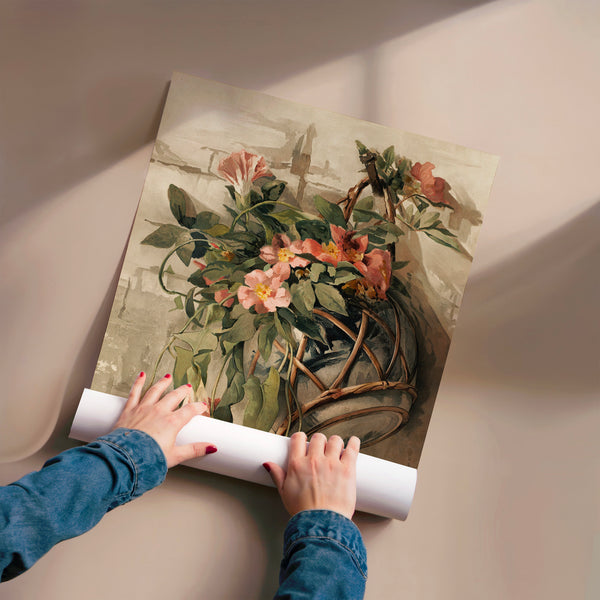 Fleurs rose et terracotta dans un vase suspendu — Poster HP mat