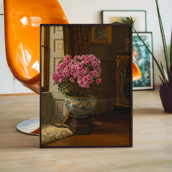 Pivoines roses dans un vase bleu porcelaine — Poster HP mat