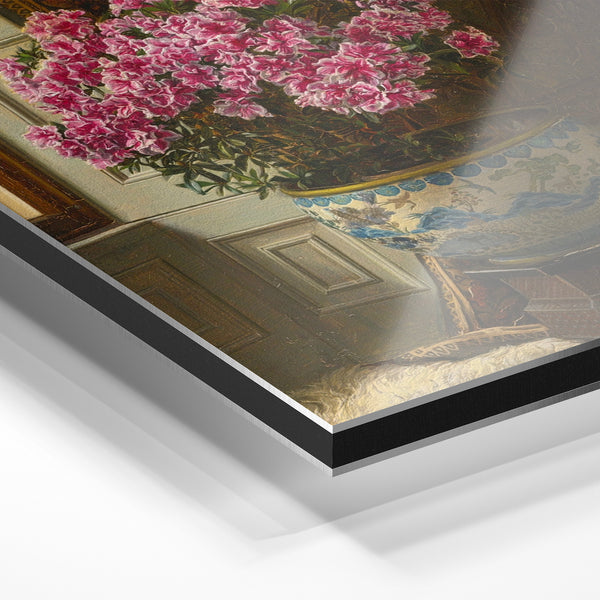 Pivoines roses dans un vase bleu porcelaine — Aluminium Dibond relief 3D
