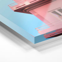 Gros plan de la matière : le tirage sous verre acrylique, tranche transparente visible.