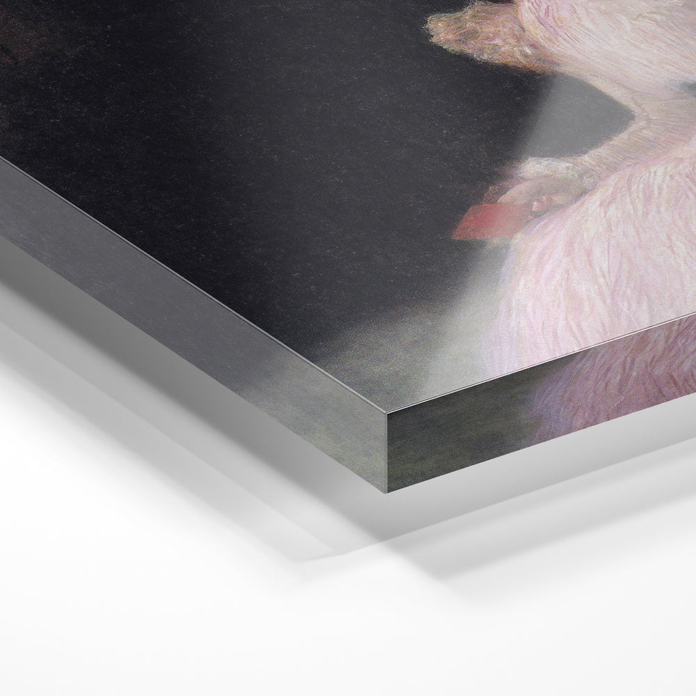 Gros plan de la matière : le tirage sous verre acrylique, tranche transparente visible.