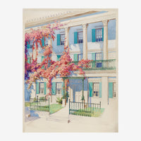 Illustration aquarellée d'une façade coloniale beige et bleue, ornée d'une vigne grimpante rose-rouge et de volets.