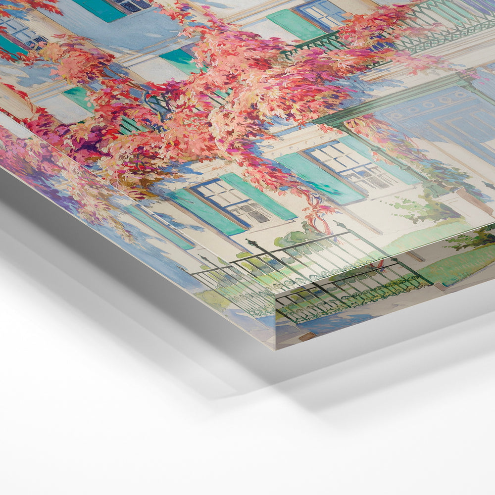 Gros plan de la matière : le tirage sous verre acrylique, tranche transparente visible.