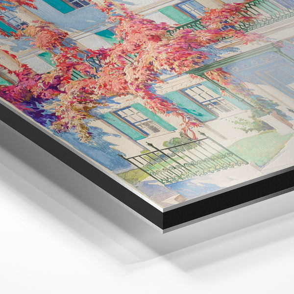 Façade coloniale aux volets bleus et lierre rose — Aluminium Dibond relief 3D