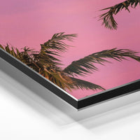 Gros plan de la matière : le tirage contrecollé sur aluminium Dibond mat, tranche visible.