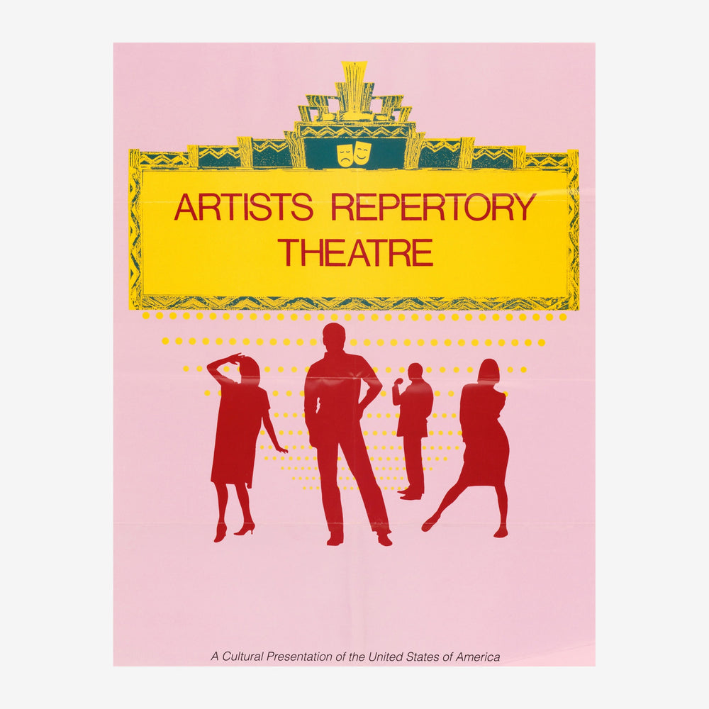 Affiche vintage montrant quatre silhouettes rouges de personnages sur un fond rose, avec un encadrement doré Art déco et un.