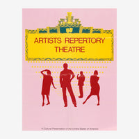 Affiche vintage montrant quatre silhouettes rouges de personnages sur un fond rose, avec un encadrement doré Art déco et un.