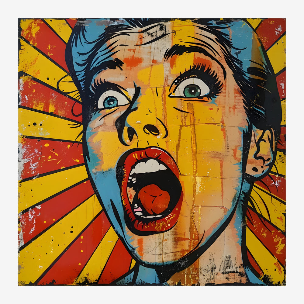 Portrait d'une femme aux yeux grands ouverts et à la bouche surprise, style pop art avec rayures jaunes, rouges et bleues.
