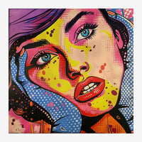 Portrait pop art stylisé d'une femme aux traits marqués, palette multicolore avec rose, jaune, rouge et bleu, technique de.