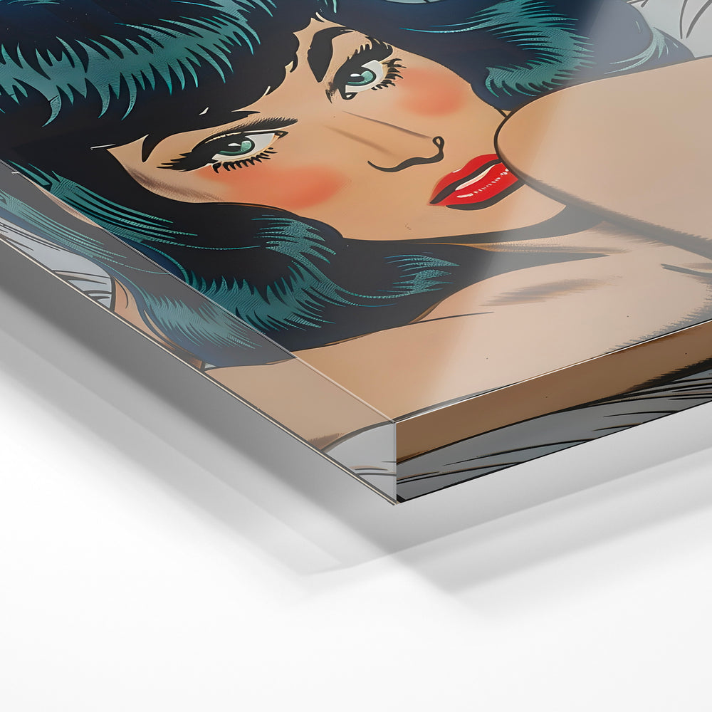 Gros plan de la matière : le tirage sous verre acrylique, tranche transparente visible.