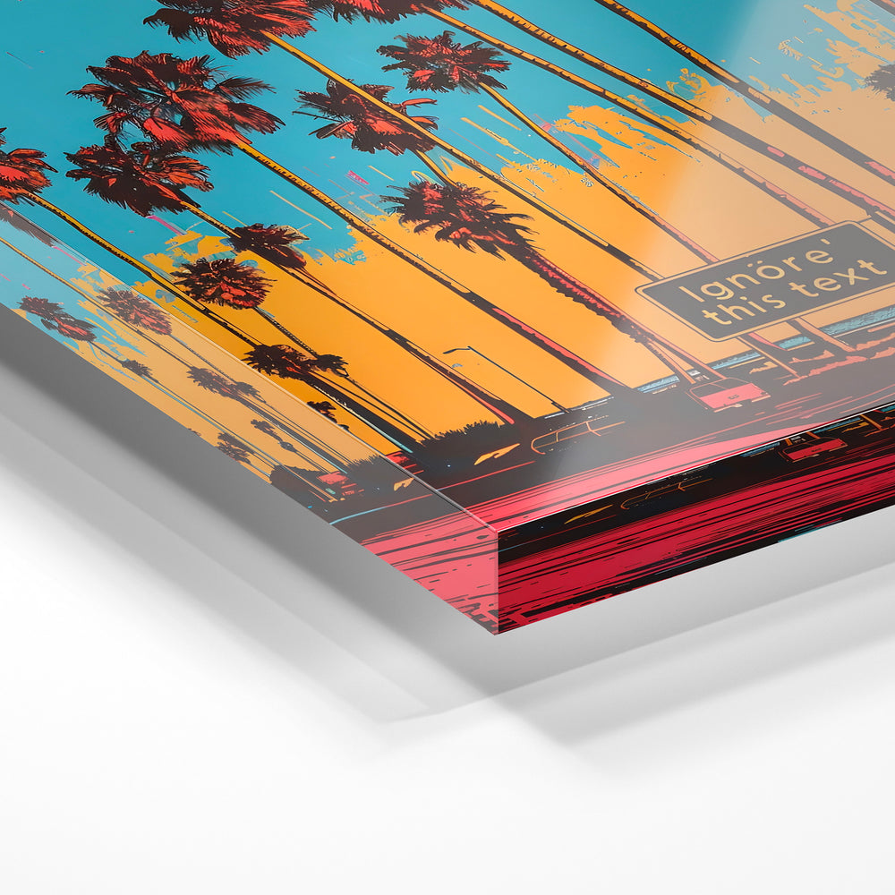 Gros plan de la matière : le tirage sous verre acrylique, tranche transparente visible.
