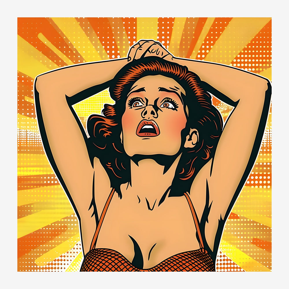 Portrait pop art rétro d'une femme aux cheveux bruns, les bras levés, sur un fond de rayons jaunes et oranges avec motif de.
